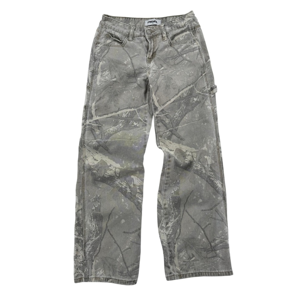 RSQ Carpenter Pants Women 23 Grey Camo Excellent Branch Print Utility Denim